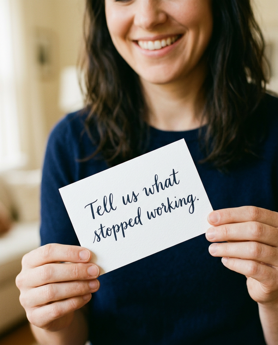 A smiling person holding a card that reads: Tell us what stopped working.
