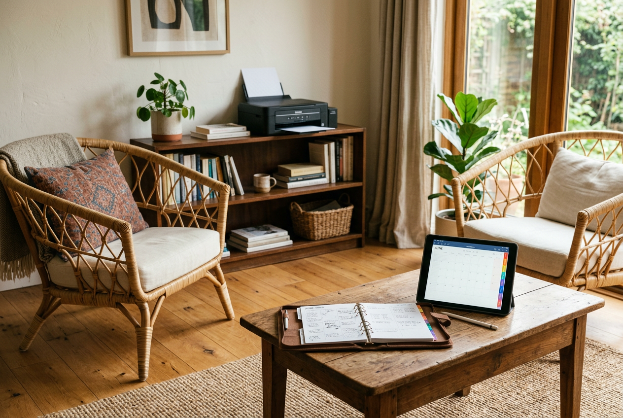 A printed planner in a binder next to an iPad showing a calendar page on a coffee table