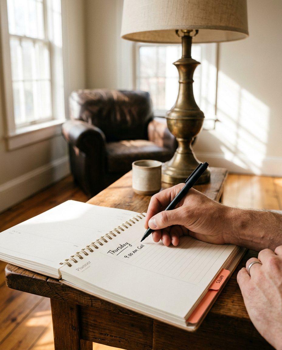 A hand writing a short entry on an undated planner page beside an orange tab