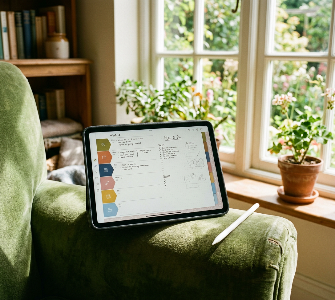 An iPad on the arm of a green armchair showing a planner page with colored tabs