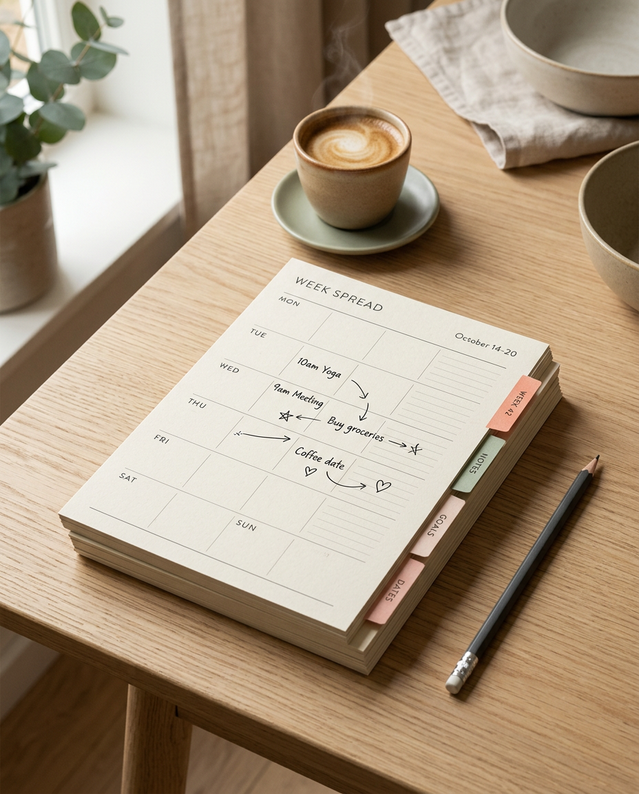 A printed planner week spread on an oak table with a cup of coffee and a pencil