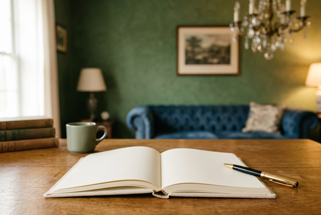 A blank planner, an iPad and a pen on a wooden table in front of a garden window