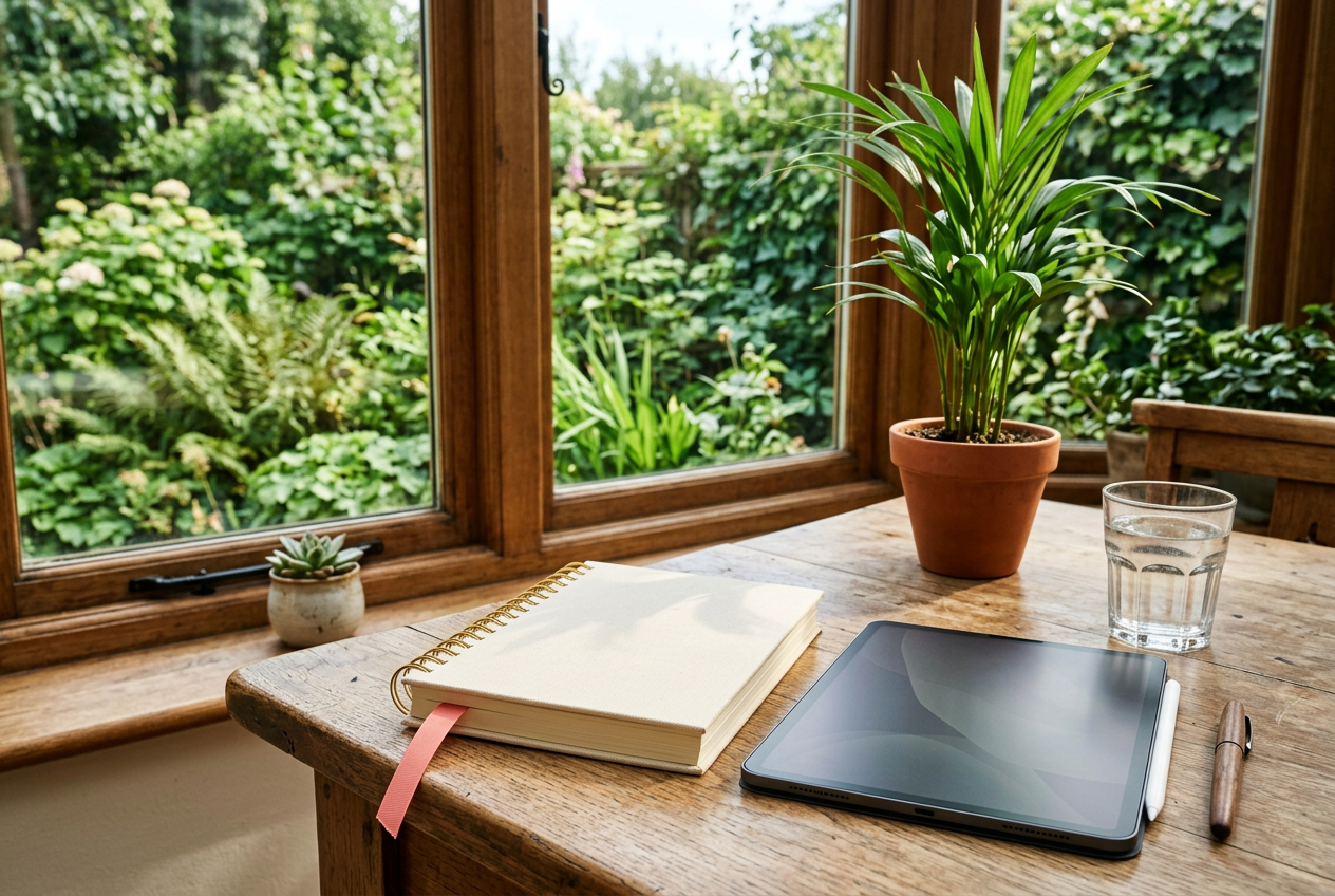 A binder planner and an iPad showing a calendar page on a wooden table in a sitting room