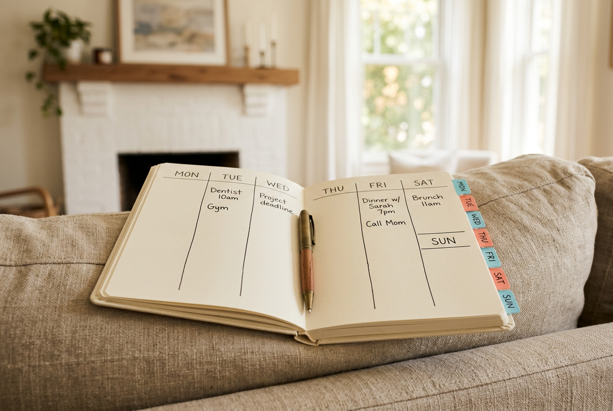 An open weekly planner spread resting on a sofa cushion, with colored edge tabs